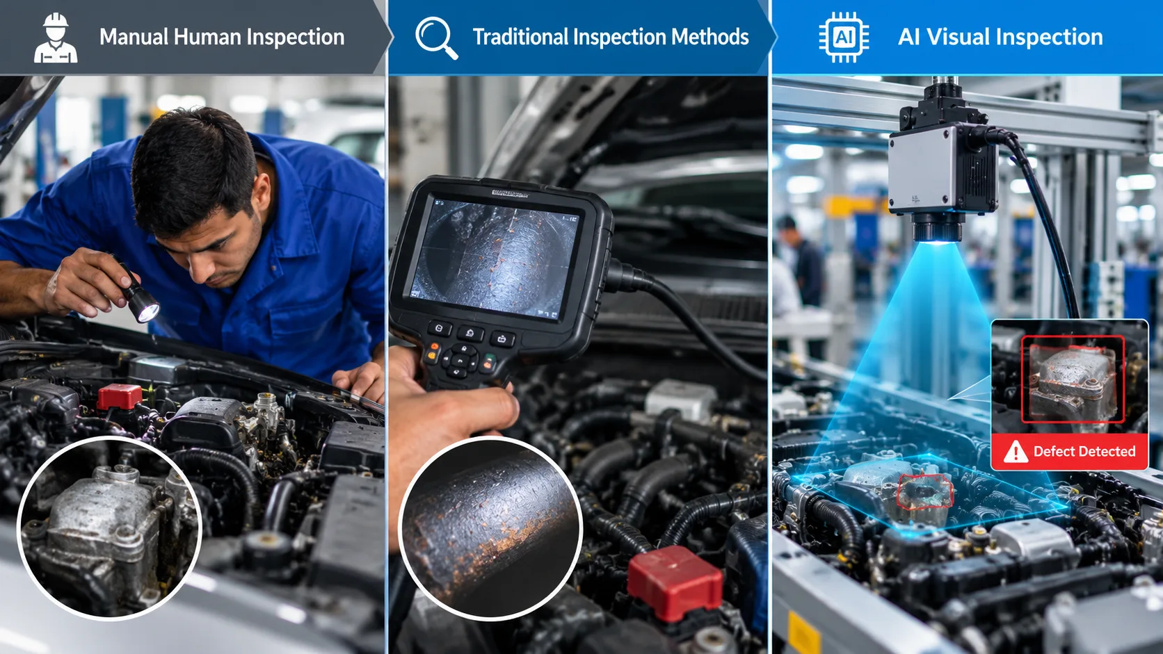 Comparison of manual inspection, legacy Automated Optical Inspection, and AI-powered visual inspection methods