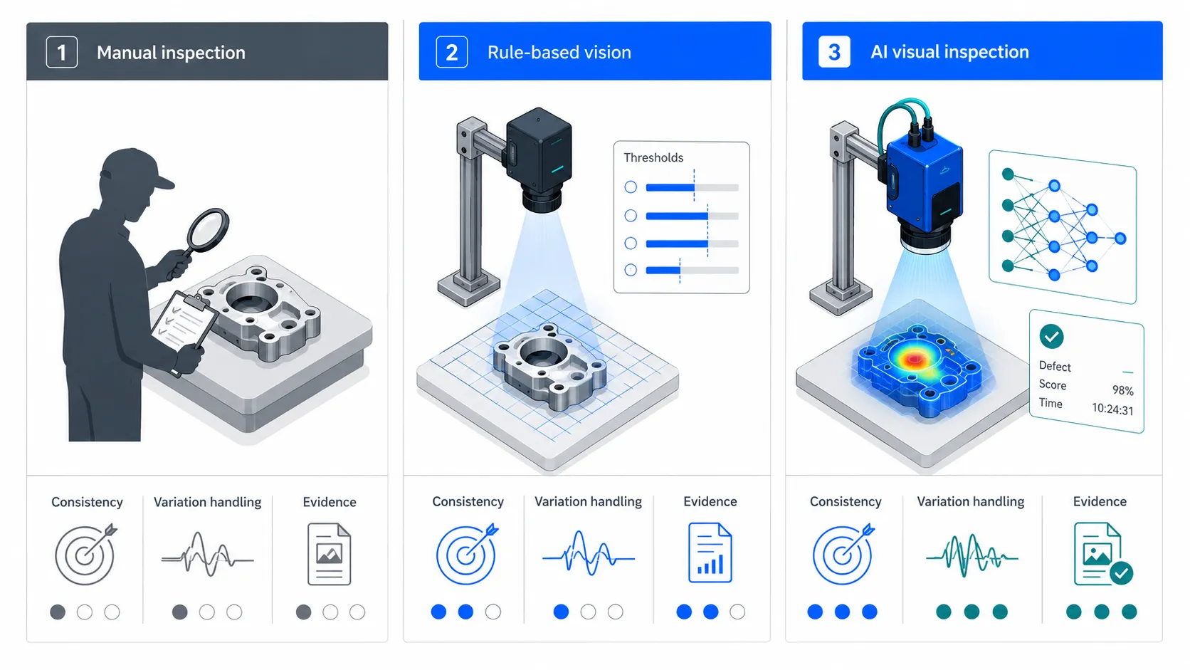Three-panel schematic comparing manual inspection, rule-based vision, and AI visual inspection systems.