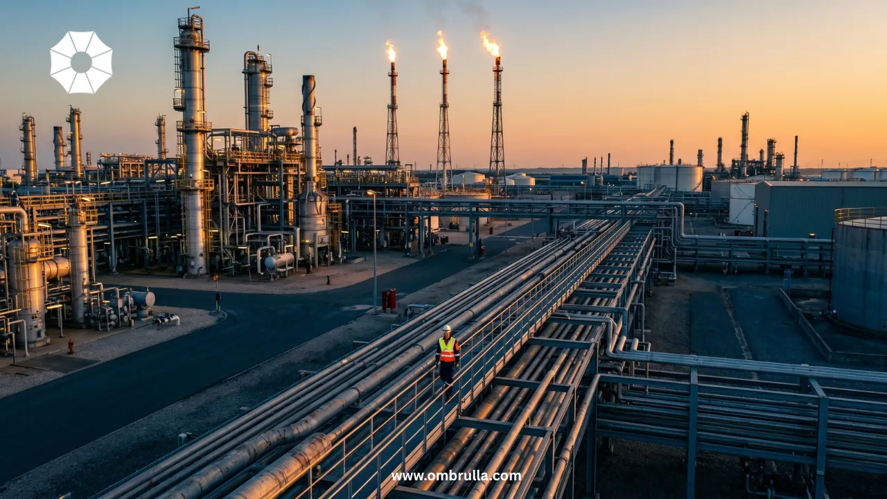 Field inspector in industrial PPE holding rugged tablet displaying AI inspection interface with defect detection zones on corroded pipeline, oil refinery in background.