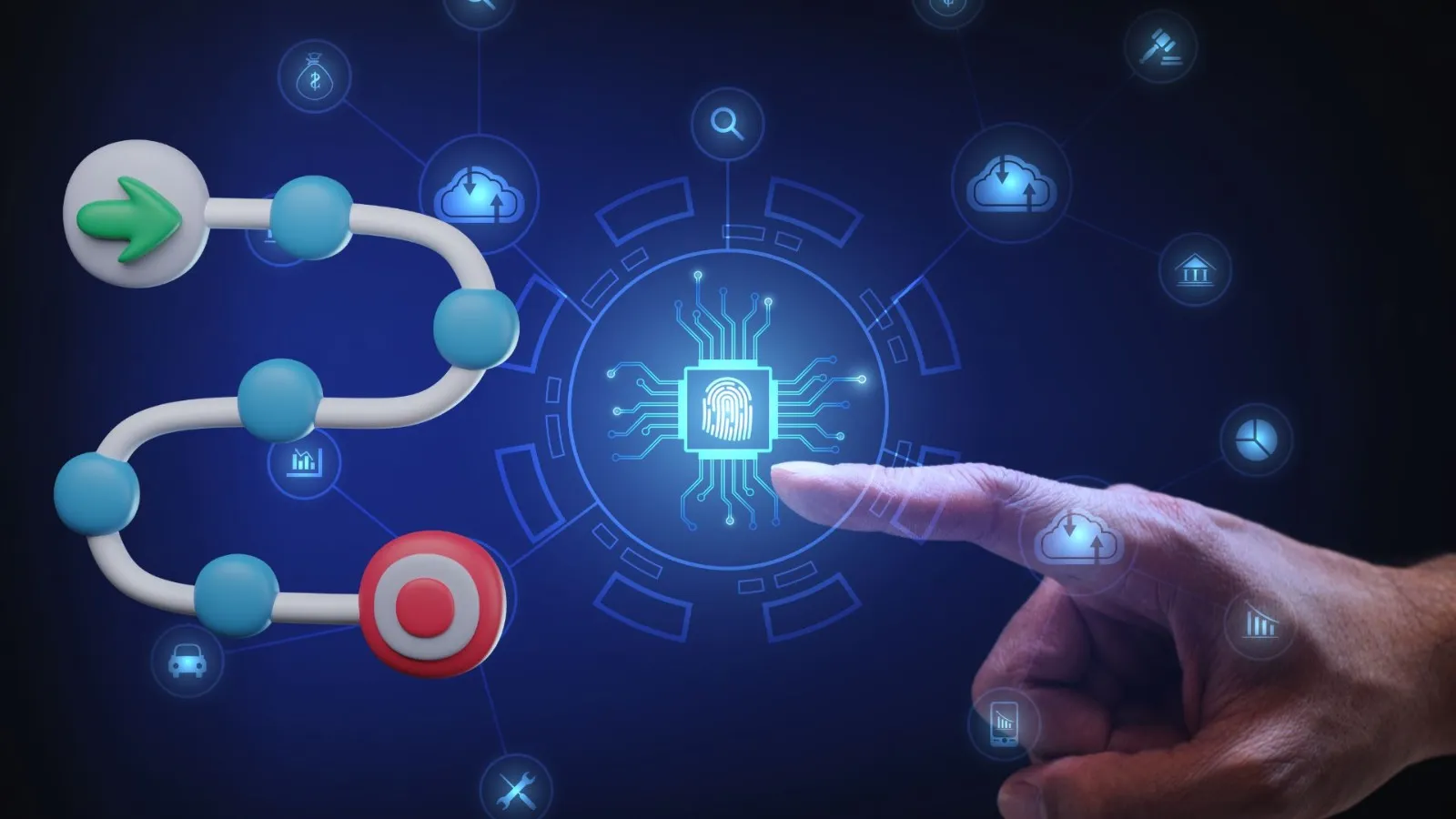 Strategic AI transformation roadmap diagram showing step-by-step business process for successful artificial intelligence implementation and adoption