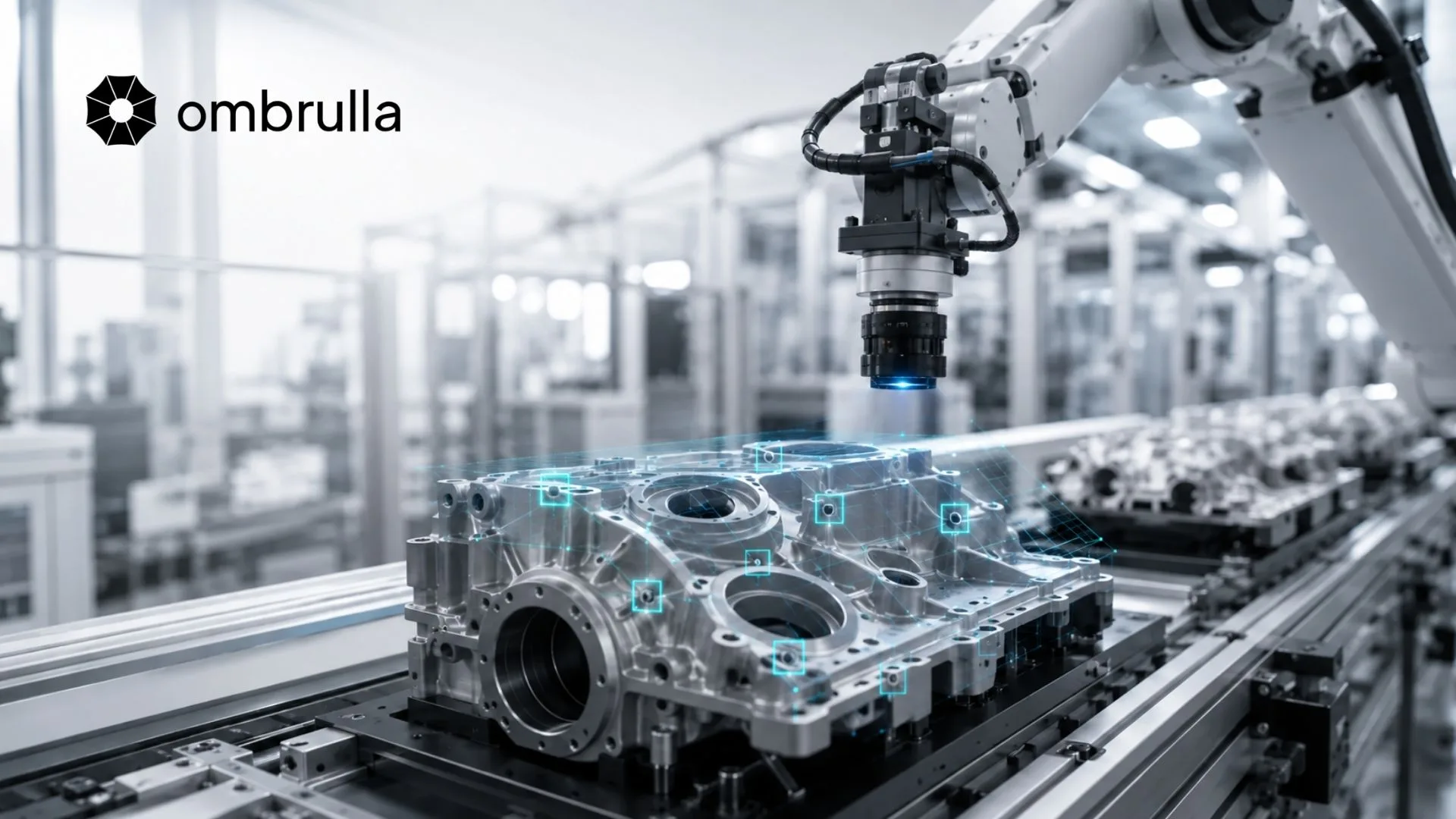 Technical illustration of an automated AI visual inspection system, showing an industrial camera scanning a mechanical component on a conveyor belt, with an inspection panel displaying a checkmark and a detected defect alert