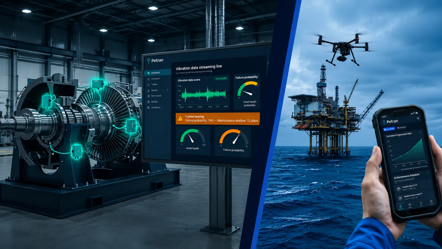 Industrial predictive maintenance dashboard showing AI and IoT asset health analysis