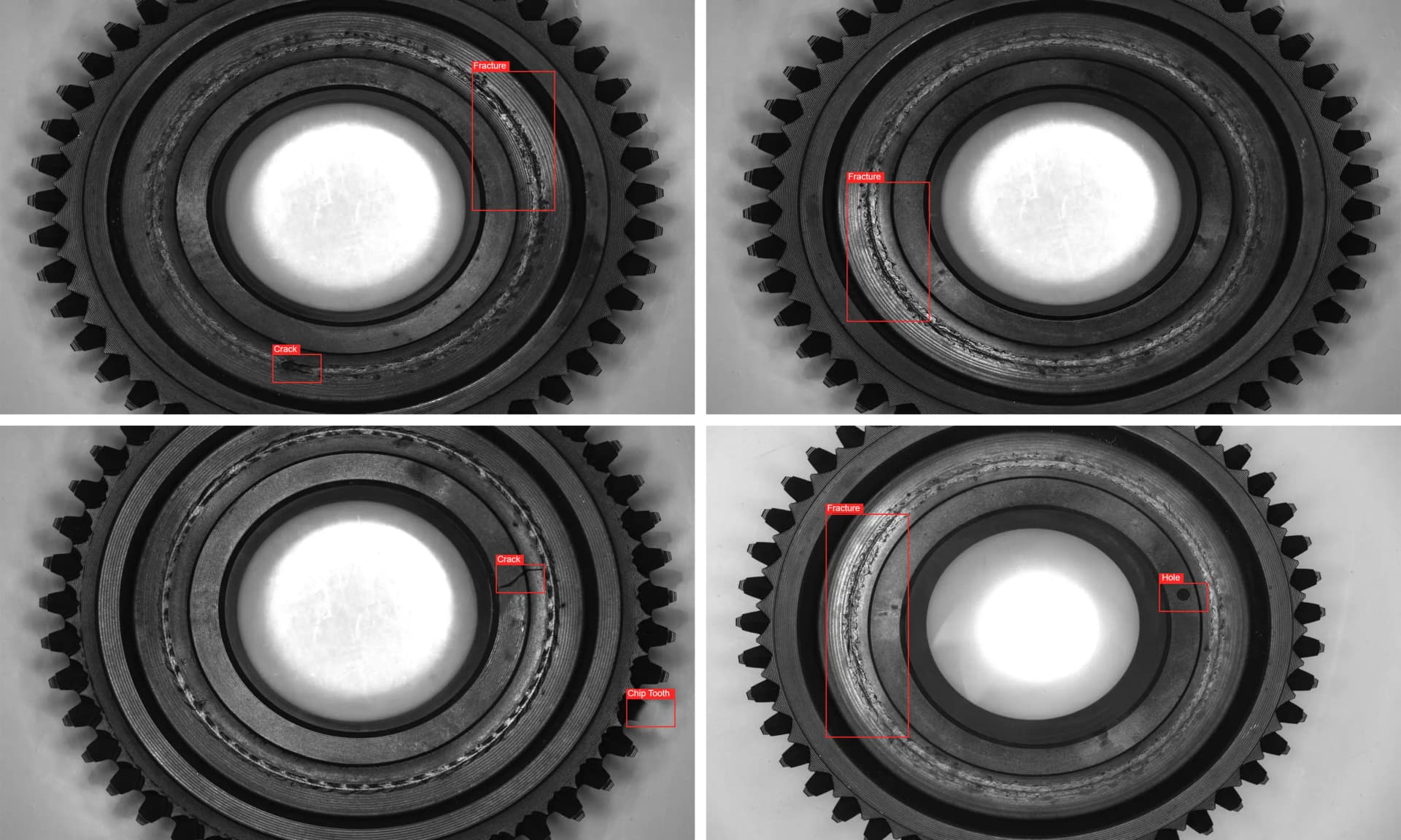 AI anomaly detection system identifying cracks, wear marks, and misalignment in mechanical components for predictive maintenance