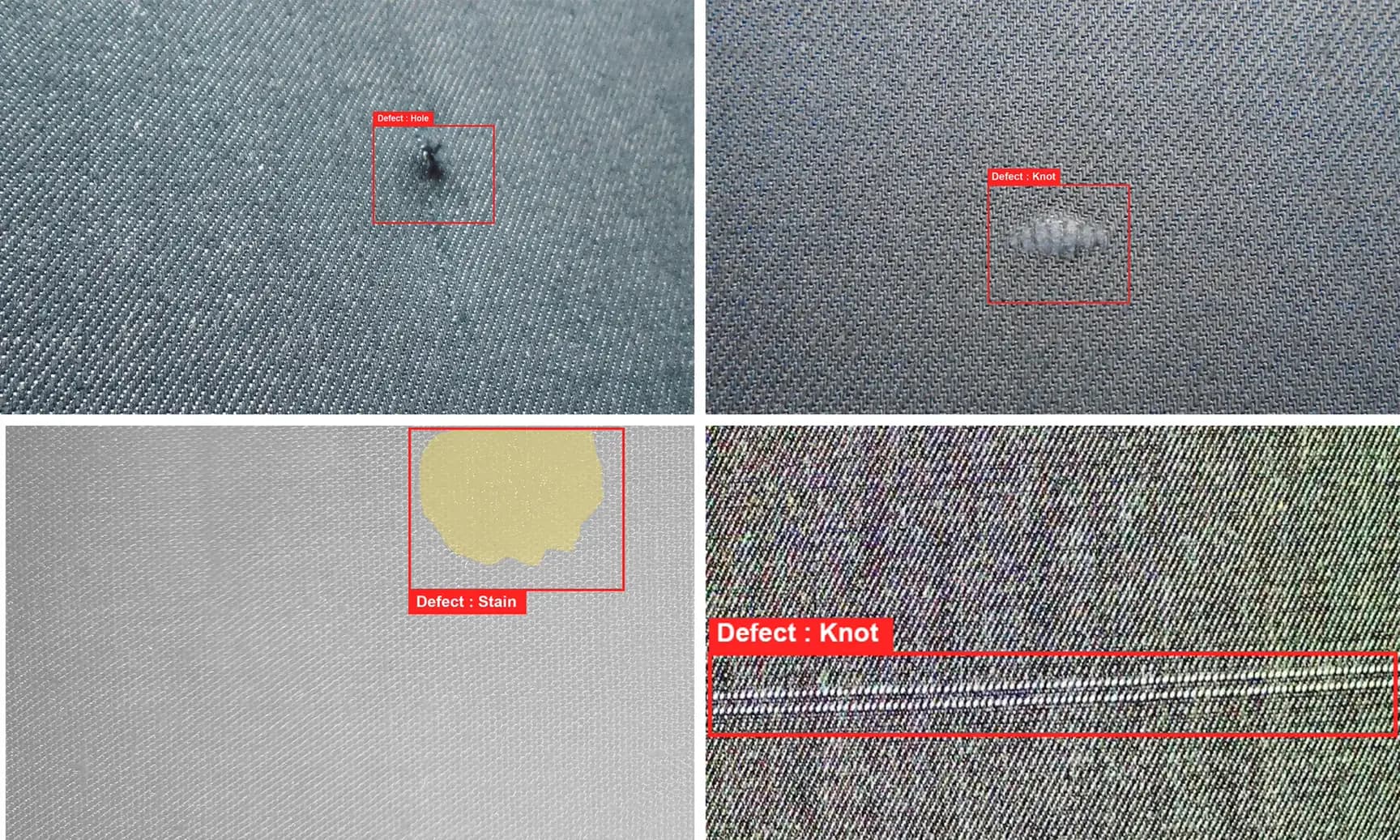 AI-powered fabric defect detection identifying misweaves, holes, stains, and pattern irregularities in textile production