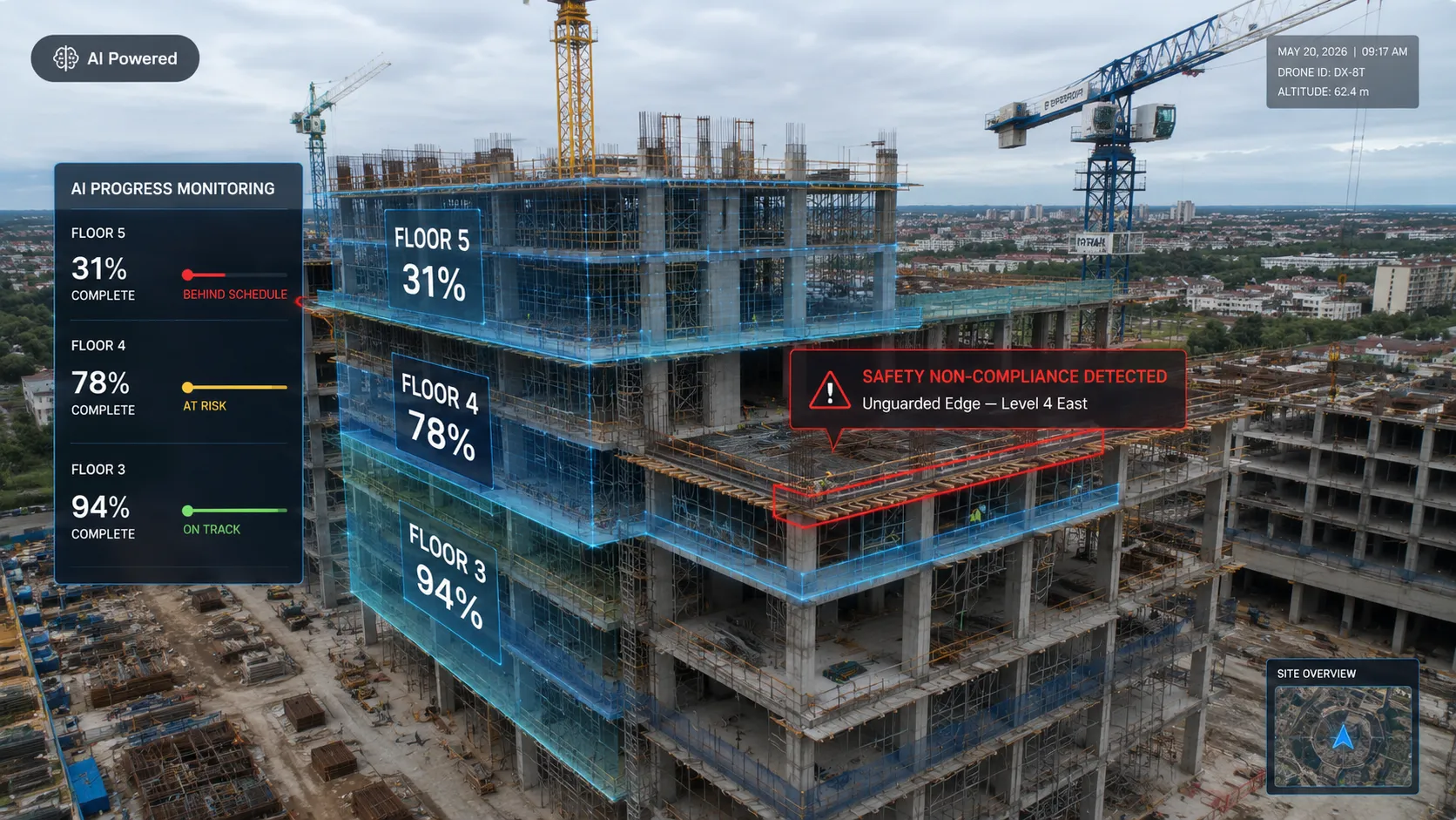 AI-powered drone monitoring a high-rise construction site with real-time progress tracking, floor completion analysis, and automated safety compliance alerts.