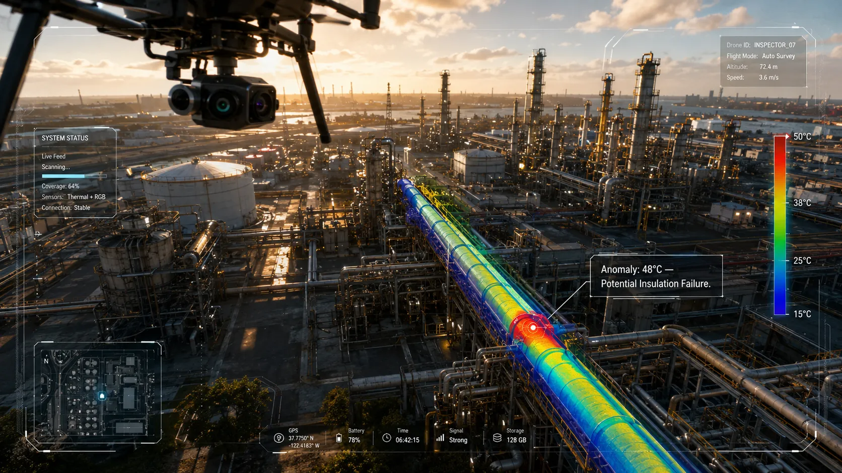 AI-powered drone inspection of an oil refinery using a thermal camera to detect pipeline insulation failure, helping improve predictive maintenance, infrastructure safety, and asset reliability.