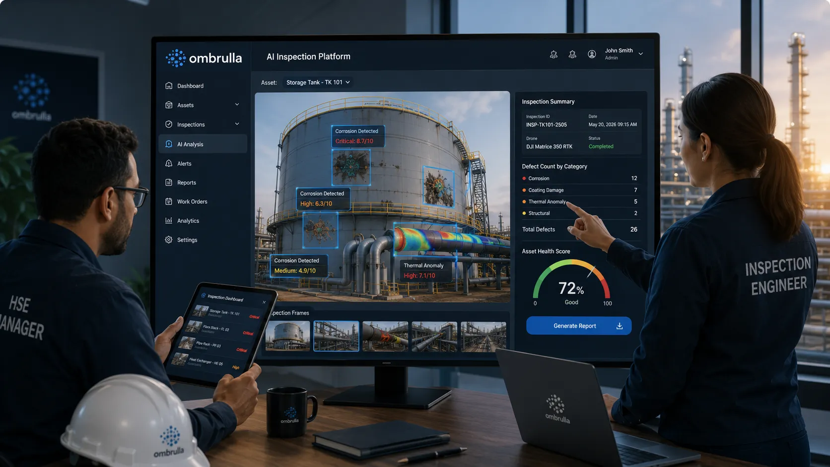 Ombrulla AI inspection platform dashboard displaying industrial asset analysis with AI-powered defect detection, thermal inspection, asset health monitoring, and automated inspection reporting.