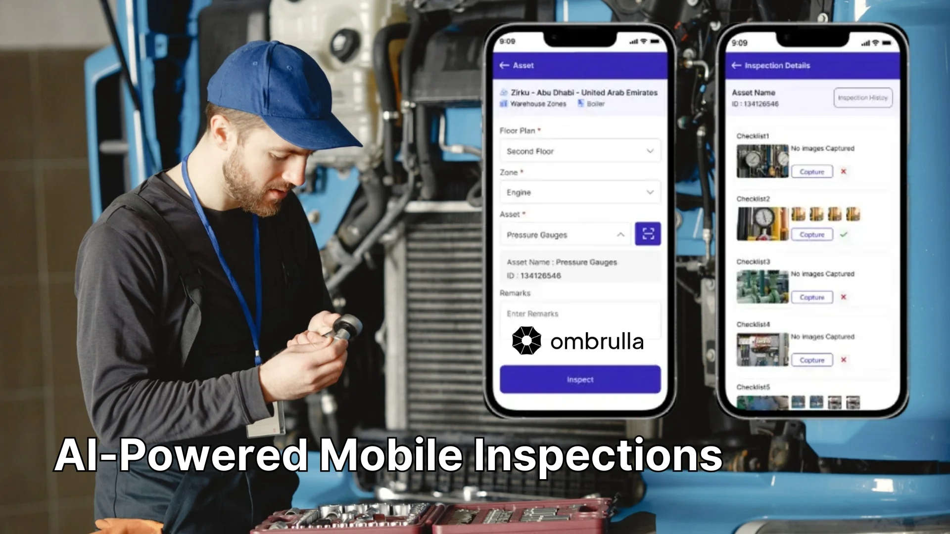 Field technician using AI-powered mobile device with computer vision for real-time defect detection, quality control inspection, and instant reporting in industrial environment