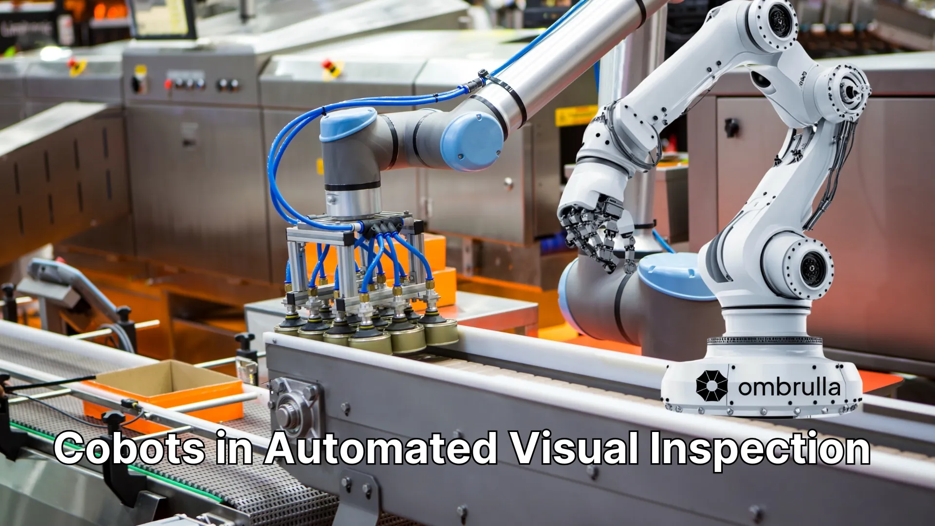 Collaborative robot (cobot) equipped with AI vision system performing automated visual inspection on production line for precision defect detection and quality assurance