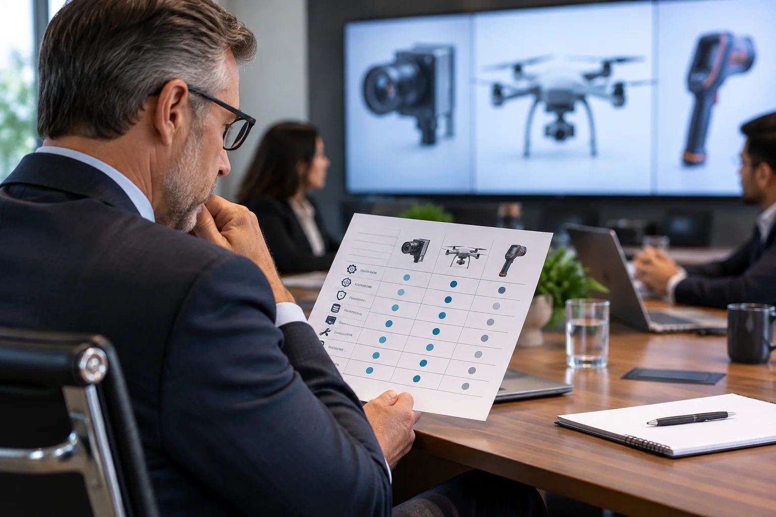 Senior leader evaluating AI inspection system options using a printed evaluation scorecard