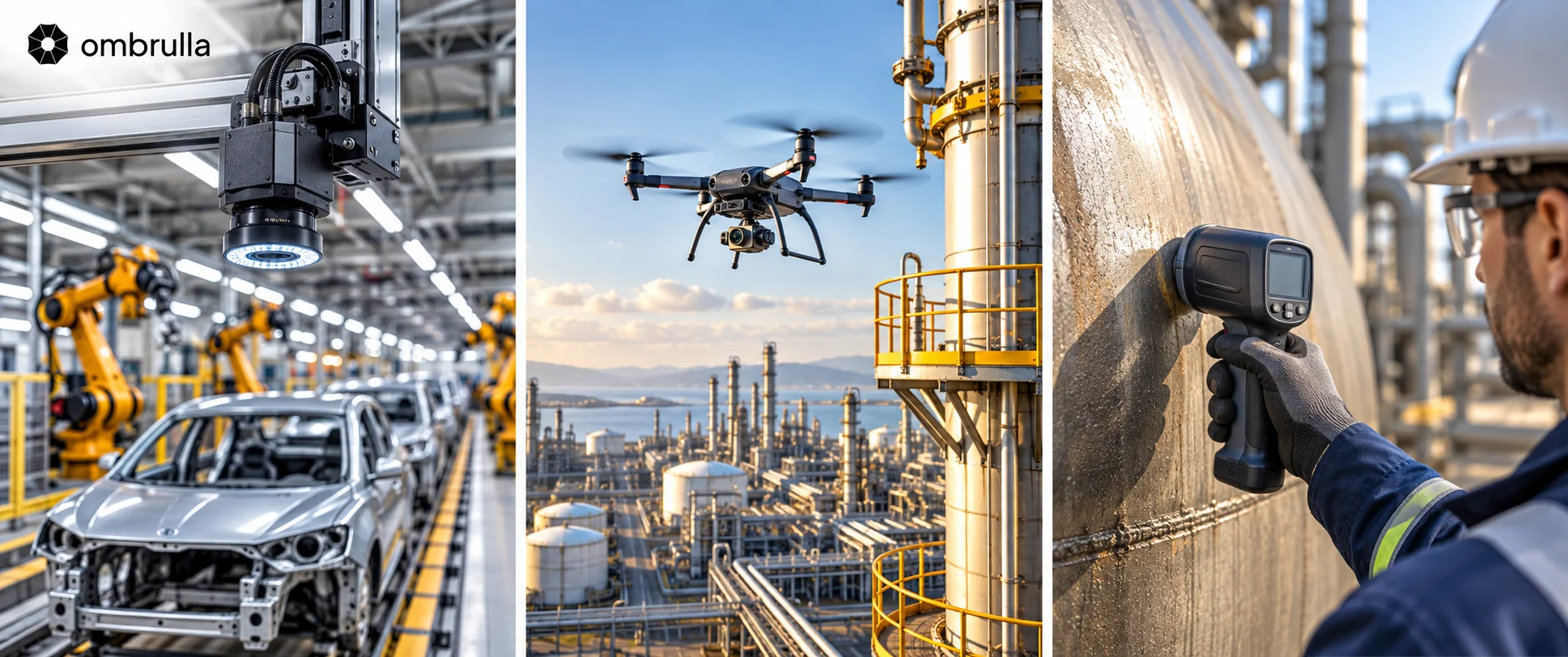 AI inspection using a fixed camera, industrial drone, and handheld scanner across automotive and industrial environments