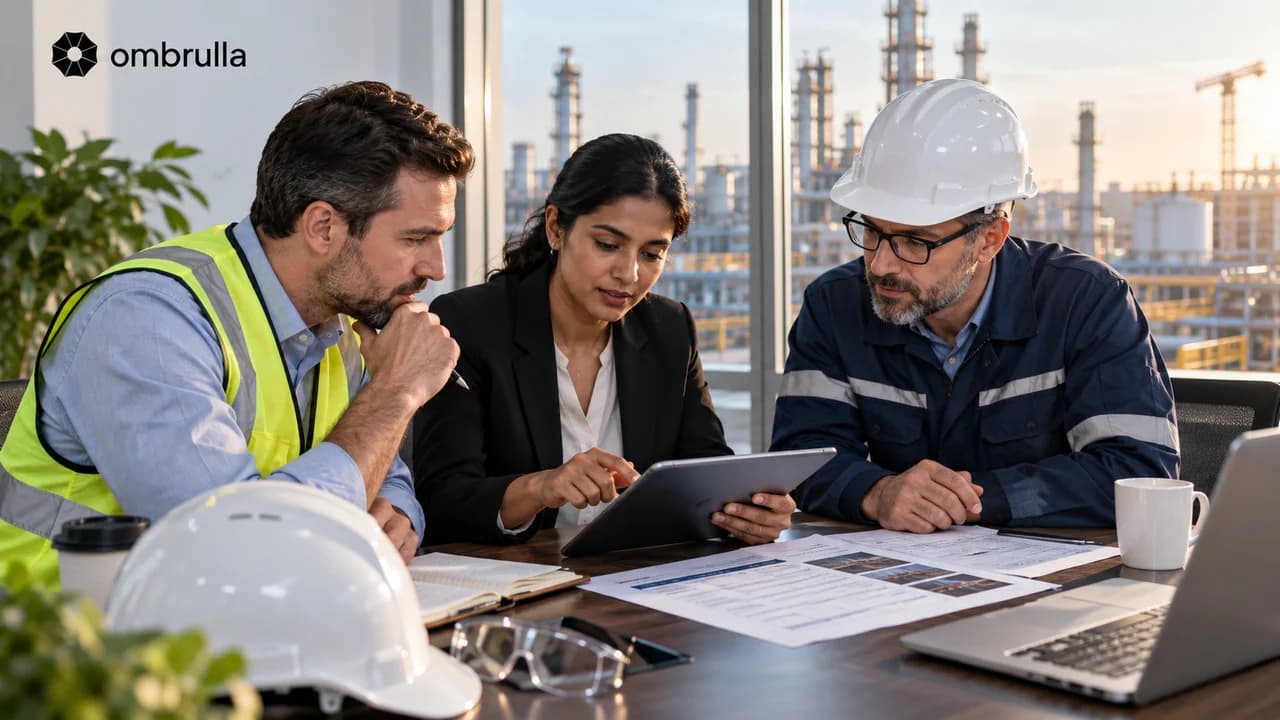 Field operations, business, and plant engineering stakeholders reviewing a mobile inspection app evaluation together on a tablet.