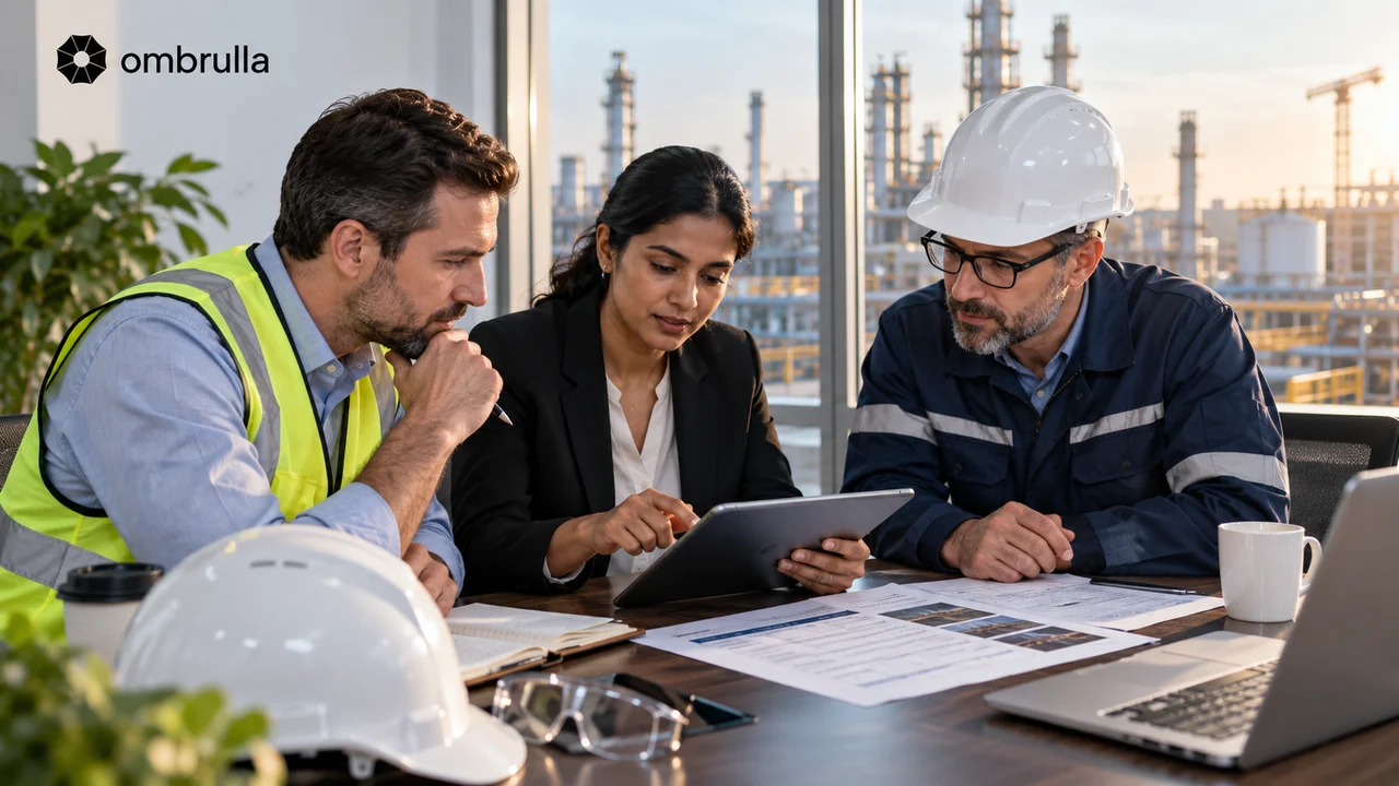 Field operations, business, and plant engineering stakeholders reviewing a mobile inspection app evaluation together on a tablet.