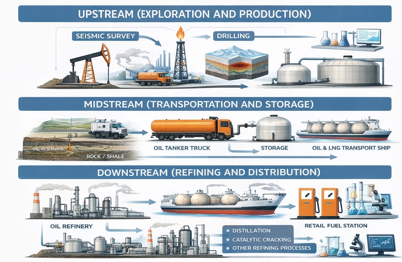 Three-panel info-graphic showing upstream, midstream, and downstream oil and gas sectors with AI inspection camera and defect overlay
