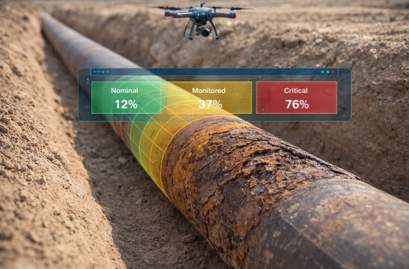 Partially excavated buried pipeline showing corrosion stages with AI overlay severity mapping and inspection drone