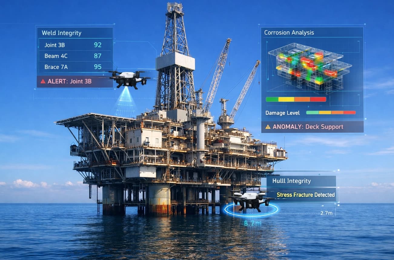 Autonomous drones inspecting an offshore oil platform with AI overlay showing weld integrity and corrosion zones
