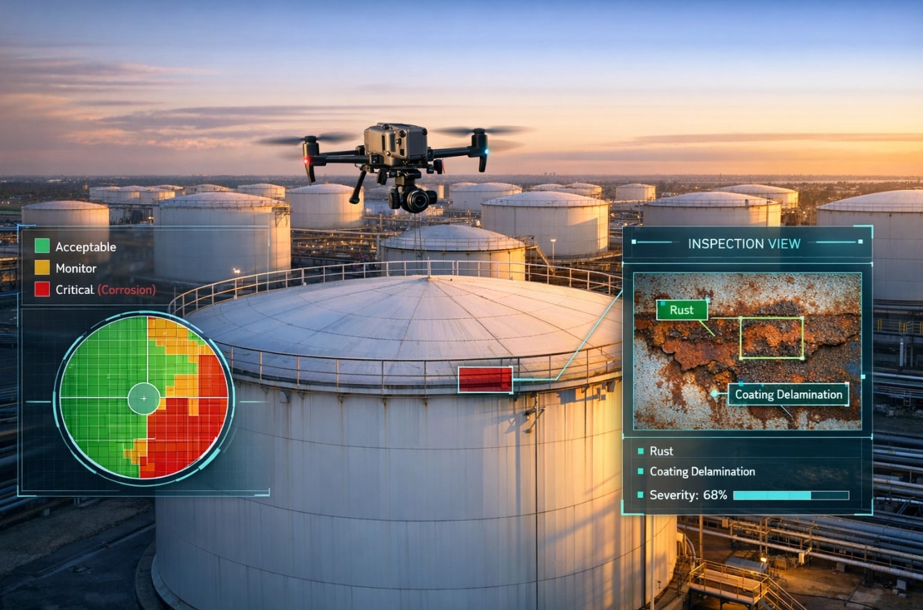 Drone inspecting an oil storage tank roof with AI overlay mapping corrosion zones and coating failure