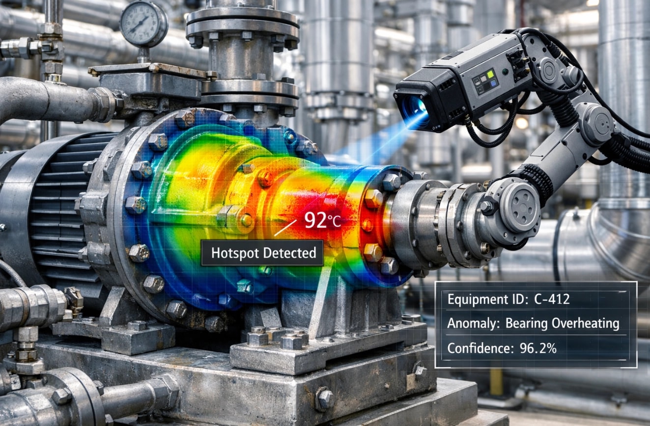 AI thermal inspection detecting bearing overheating on a refinery pump with hotspot highlighted