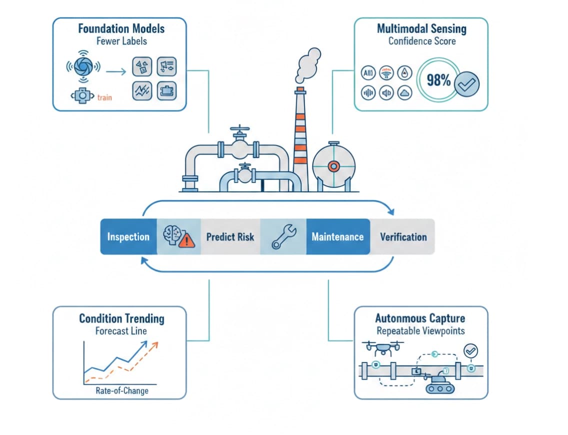Hexagon infographic showing AI inspection benefits icons for accuracy, speed, safety, predictive maintenance, compliance, and cost efficiency