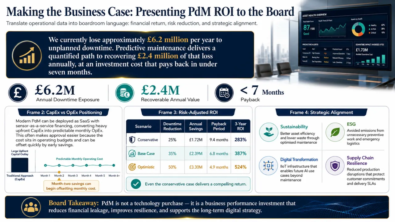 Web-based Predictive Maintenance ROI Calculator UI mockup showing 8 input fields on left panel, output dashboard with 4 KPI cards on right panel, and pilot asset priority table at bottom
