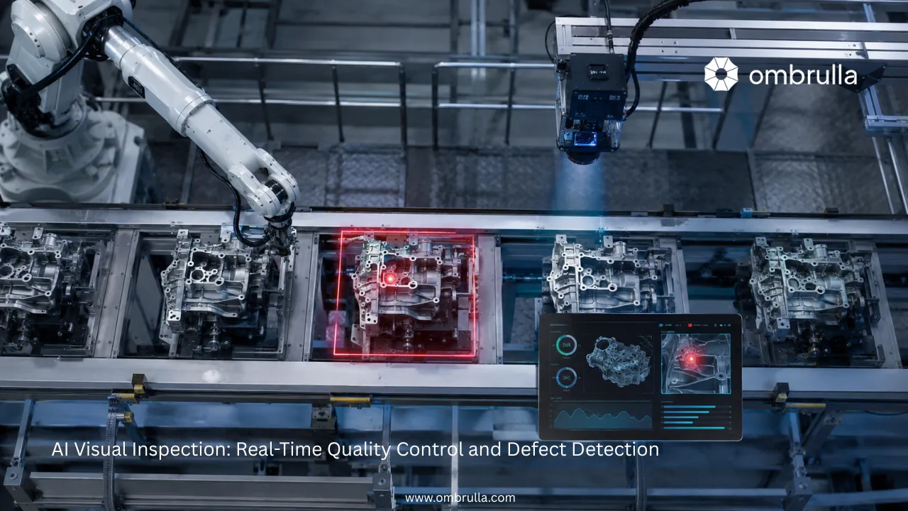 Workflow diagram showing AI visual inspection process: image capture from cameras/drones, computer vision analysis, defect detection, digital twin simulation, and automated quality control response