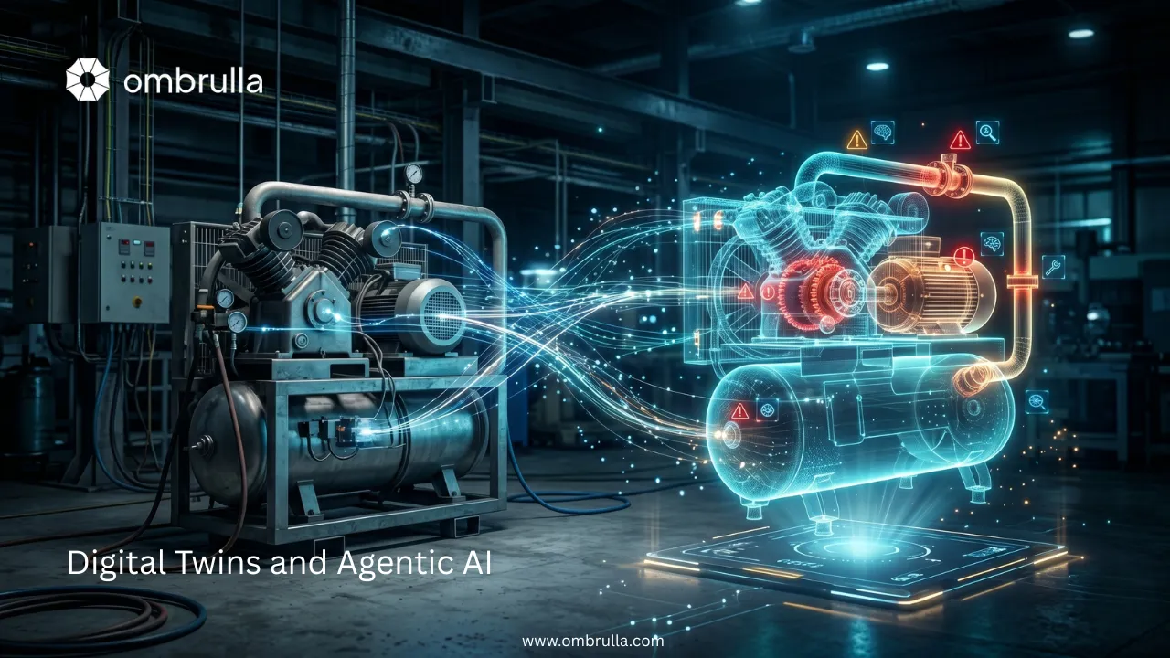 Digital twin visualization showing real-time virtual replica of an industrial asset with sensor data integration, condition monitoring, and scenario simulation capabilities
