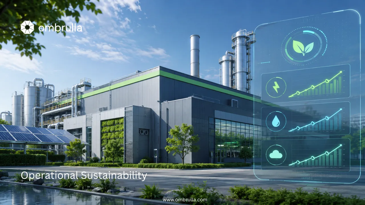Real-time ESG and energy optimization dashboard showing energy consumption tracking, waste anomaly detection, GHG accounting, and sustainability performance metrics across industrial operations