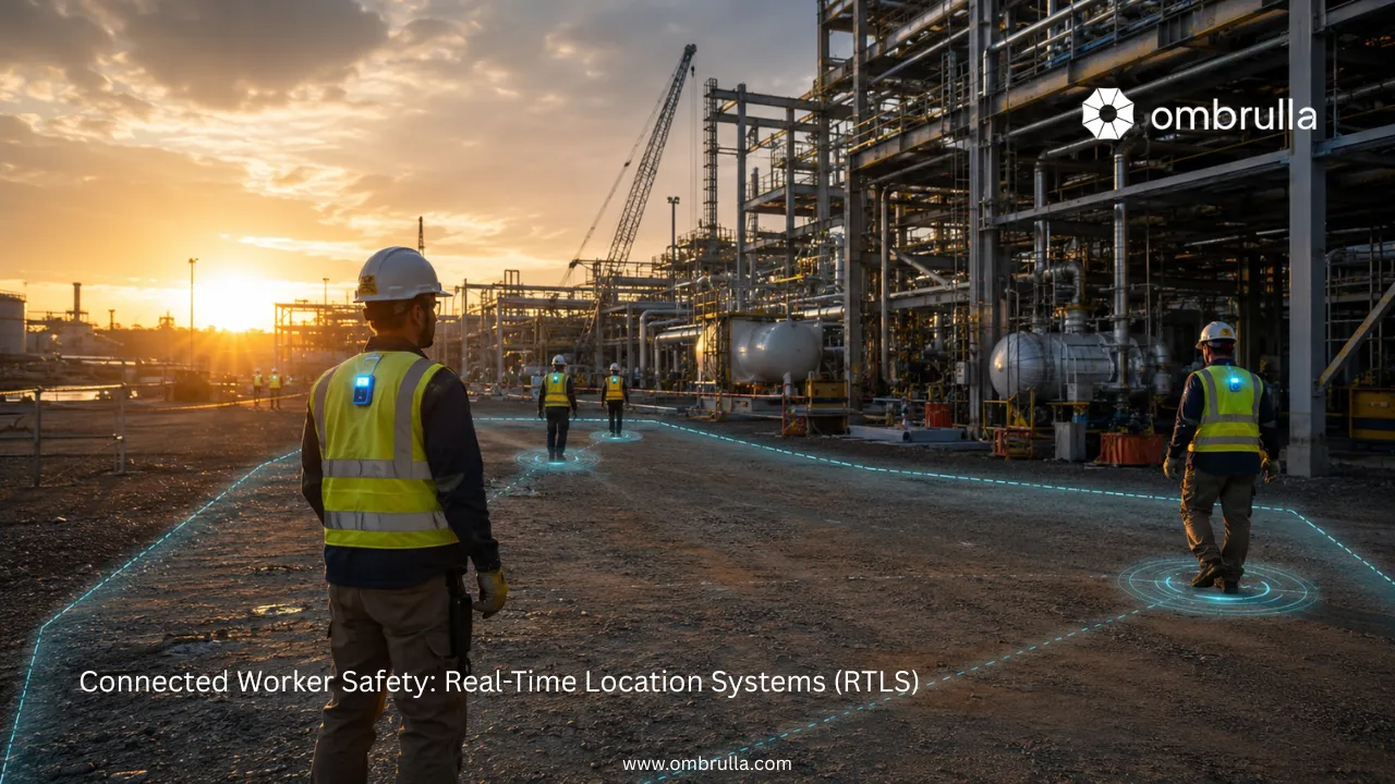 Real-time location system dashboard showing worker positions, geofences, hazard zones, emergency status, and safety alerts across an industrial facility