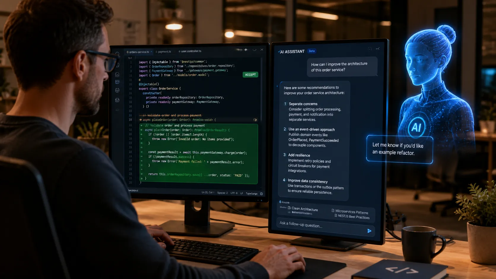 Developer pair-programming with an AI coding agent on a dual-monitor workstation showing code suggestions