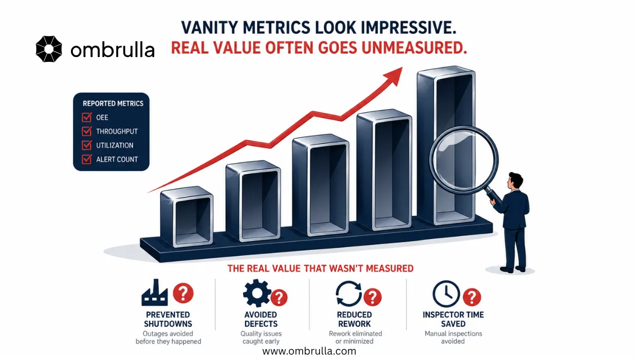 Editorial illustration of a hollow upward-trending bar chart revealed by a magnifying glass, highlighting the gap between vanity metrics and real business value in industrial AI projects.