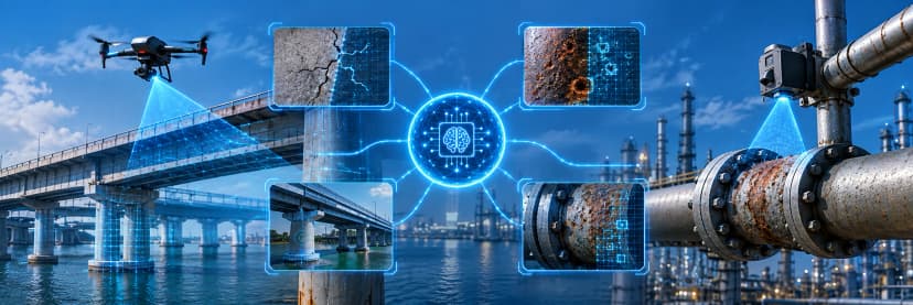 AI-powered drone inspection detecting cracks and corrosion across industrial pipelines and bridge infrastructure.