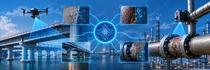 AI-powered drone inspection detecting cracks and corrosion across industrial pipelines and bridge infrastructure.
