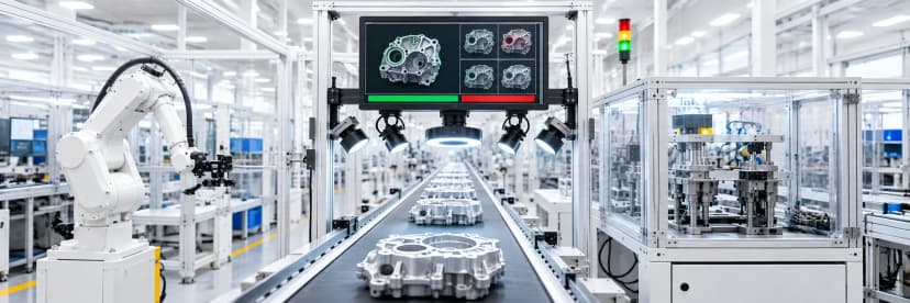 AI vision system inspecting metal parts on an automated manufacturing production line.