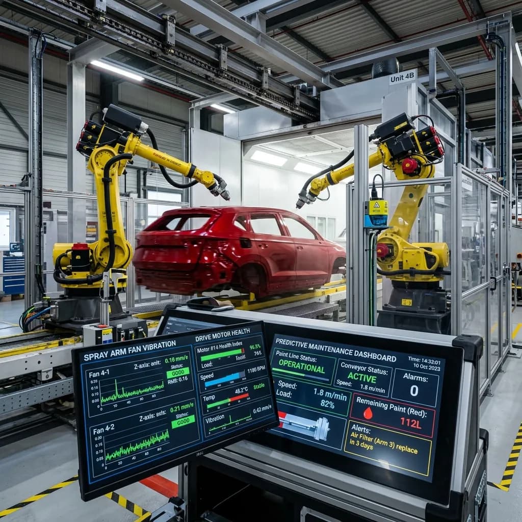 Digital monitoring overlays showing fan vibration and drive motor health in an automotive paint shop
