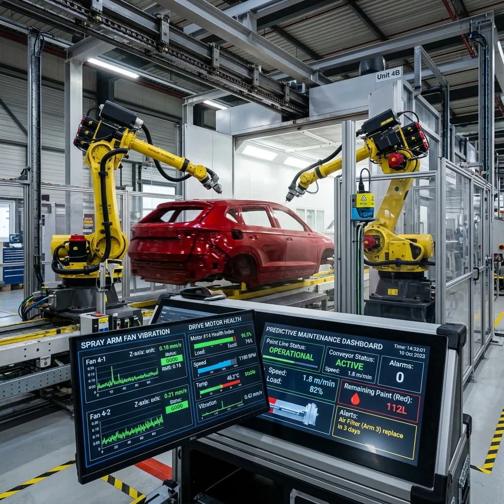 Digital monitoring overlays showing fan vibration and drive motor health in an automotive paint shop