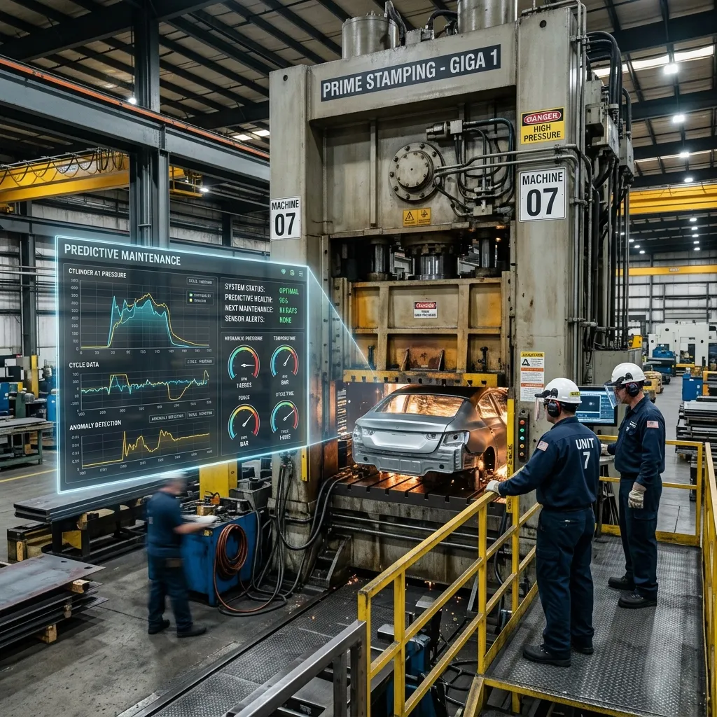 Predictive maintenance dashboard overlay on a massive automotive stamping press machine