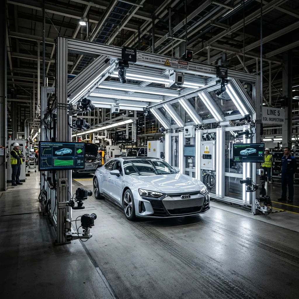 Automotive end-of-line drive-through scanning booth performing high-tech inspection