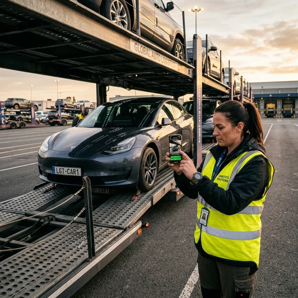Truck driver photographing a car being loaded onto a transport trailer for handover documentation