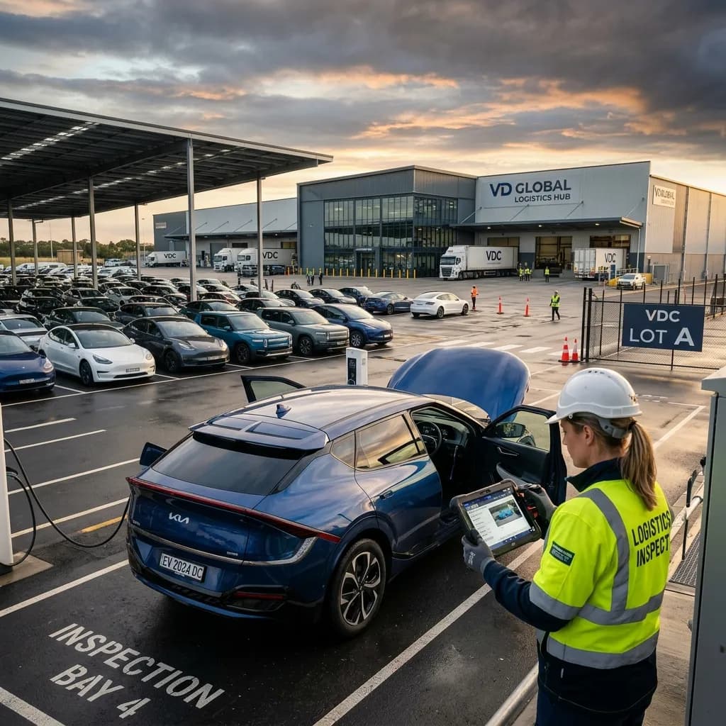 Inspector using tablet to scan an electric vehicle at a vehicle distribution center