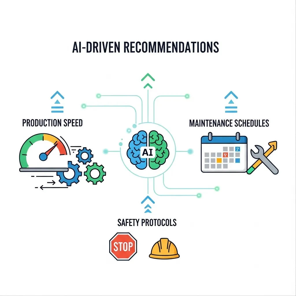 AI analyzes operational data to recommend adjustments in production speed, maintenance schedules, and safety protocols for optimal performance.