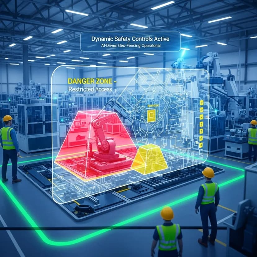 AI-driven dynamic geo-zones automatically restrict access to hazardous machinery or restricted areas during operation to enhance worker safety.