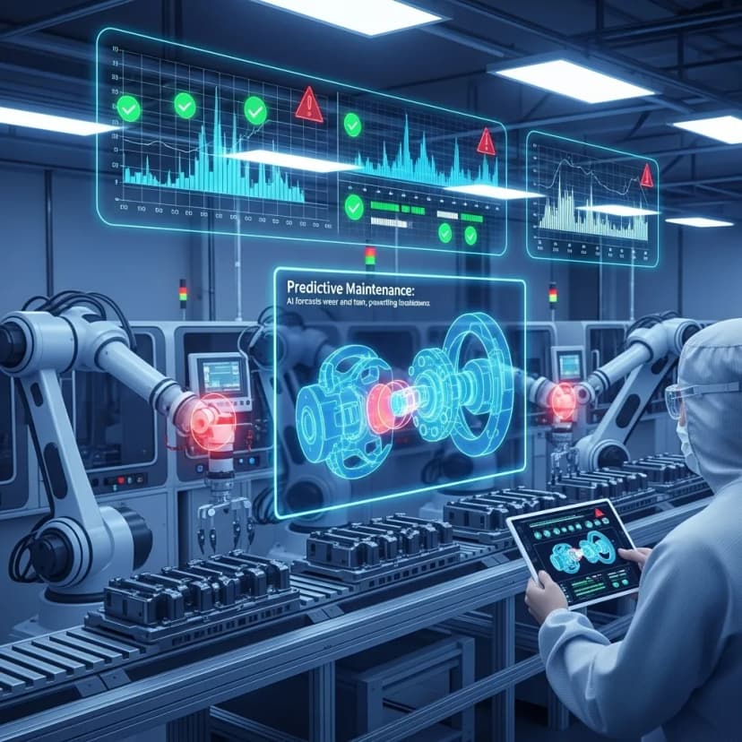 AI predicts equipment wear and tear, enabling proactive maintenance to prevent breakdowns and unplanned downtime during production runs.