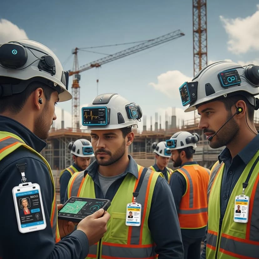 Smart helmets and badges powered by AI and IoT monitor worker safety, location, and health conditions in real time on industrial and construction sites.