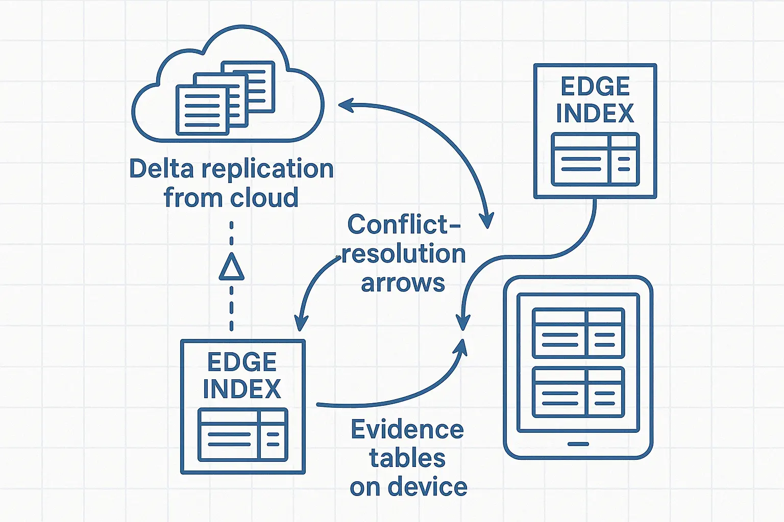Diagram showing edge index boxes with delta replication from cloud, conflict-resolution arrows, and evidence tables on device.