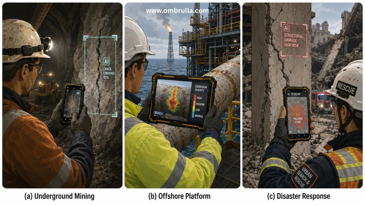 Three-panel illustration showing mobile AI inspection in underground mining, offshore industrial infrastructure, and disaster response environments using rugged mobile devices with AI-assisted defect and hazard detection.