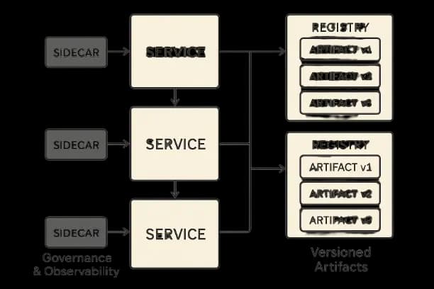 System diagram with service boxes and data flows, sidecars for governance and observability, and registries storing versioned artifacts.