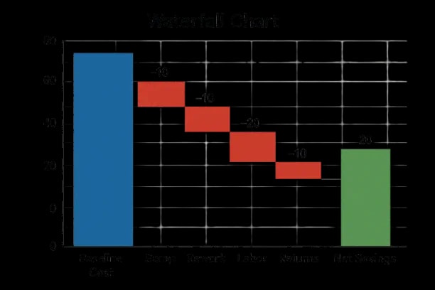 Waterfall chart showing baseline cost to net savings with scrap, rework, labor, returns, and TCO, highlighting the payback point.