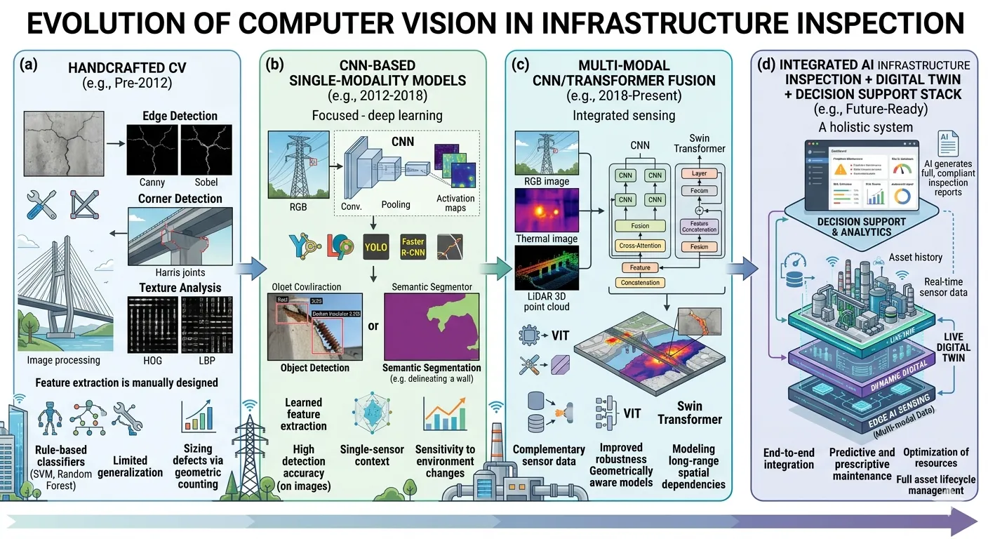 Timeline showing evolution from handcrafted features to deep CNNs, transformer fusion, and foundation models for infrastructure inspection.