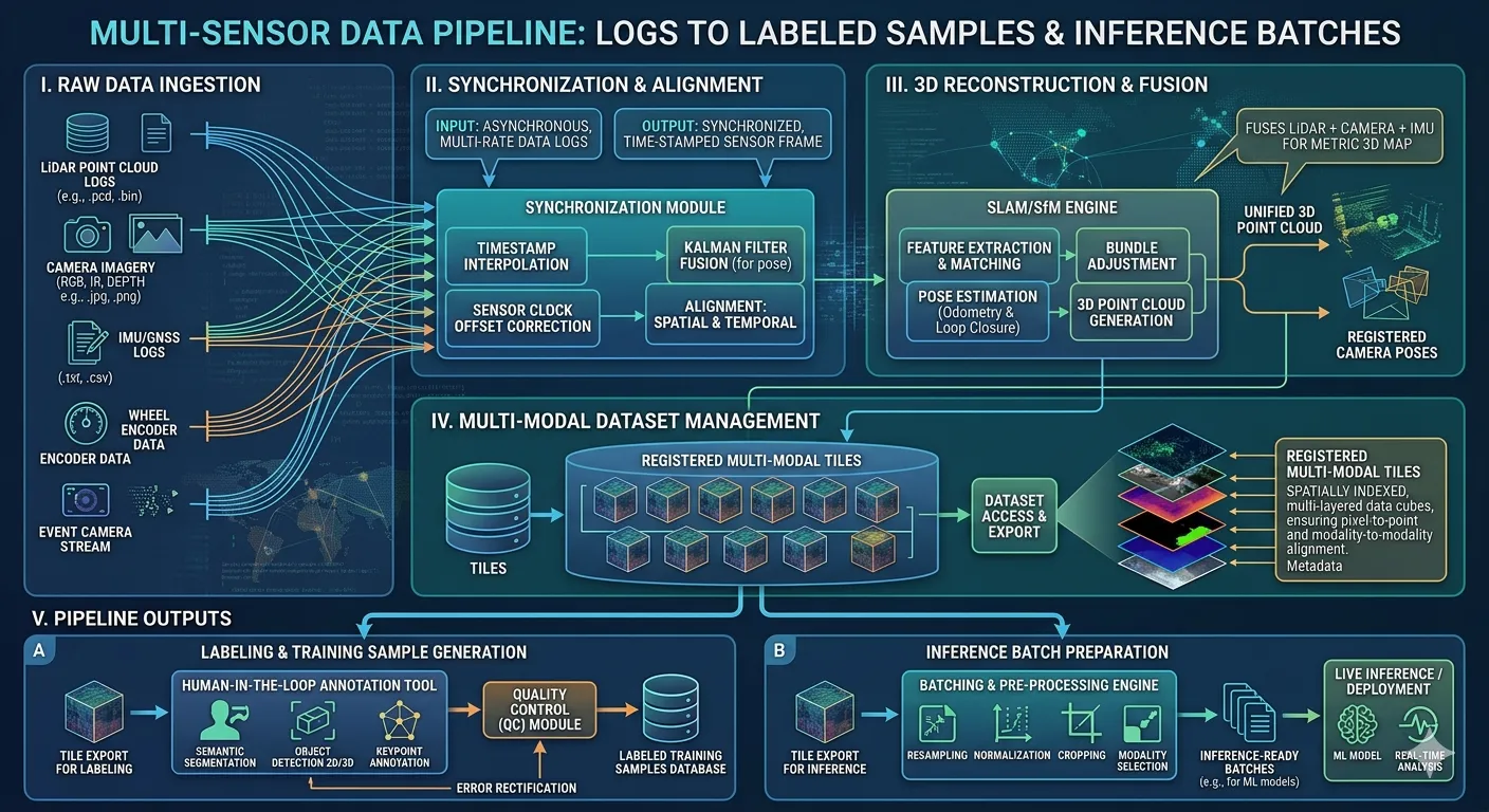 Data management pipeline for AI infrastructure inspection covering multi-modal ingest, temporal synchronization, 3D reconstruction, quality control, and labeling.