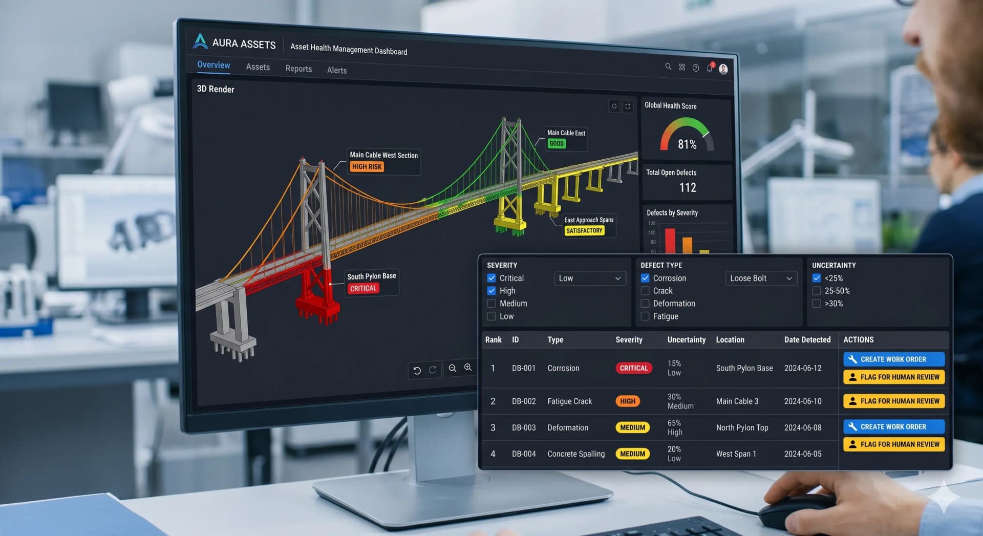 Decision support dashboard showing geo-referenced defect maps, risk priority scores, work-order queues, and inspector review controls.